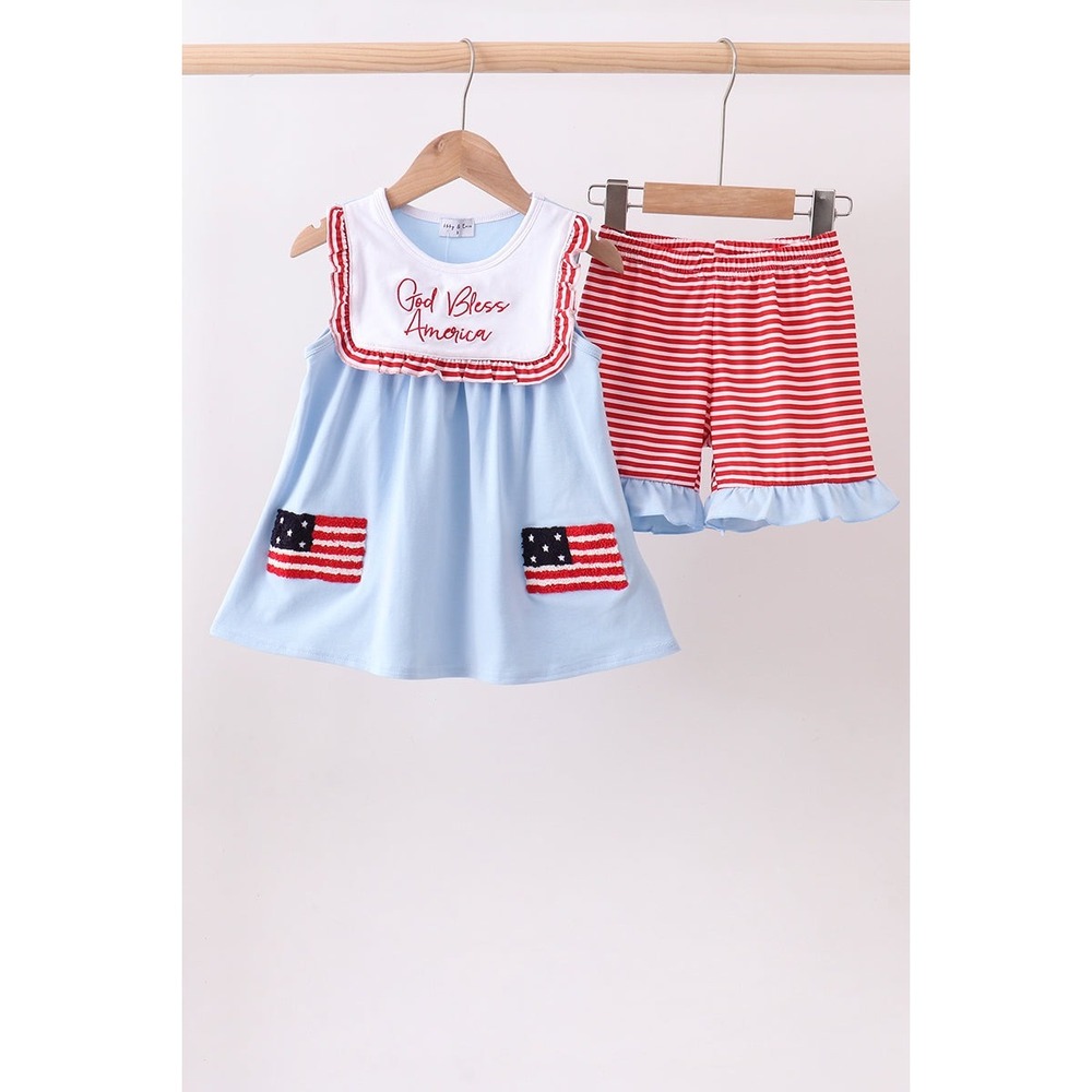Abby & Evie Girls God Bless America Patriotic Tunic and Shorts‎ Set Size 3 NEW